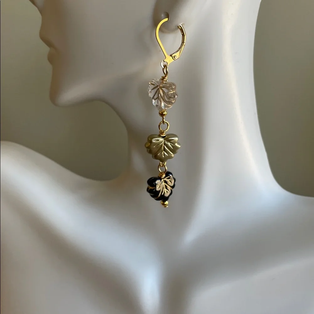 HAND CRAFTED FALLING LEAVES DANGLE EARRINGS Gold Black Clear Autumn Cottagecore